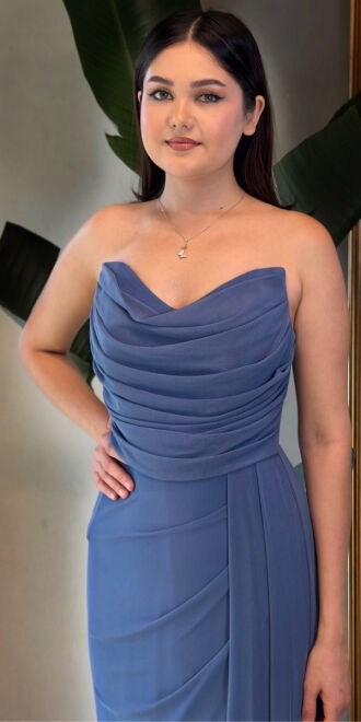 Indigo Slit Straight Cut Lycra Long Evening Dress 7498 - 2