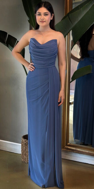 Indigo Slit Straight Cut Lycra Long Evening Dress 7498 - abiyeniall