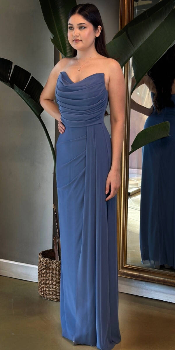 Indigo Slit Straight Cut Lycra Long Evening Dress 7498 - 3