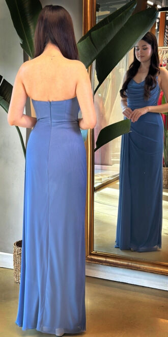 Indigo Slit Straight Cut Lycra Long Evening Dress 7498 - 5
