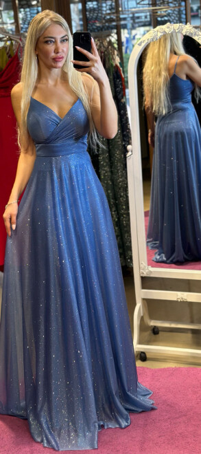 Indigo Spaghetti Strap Flared Skirt Glitter Long Evening Dress 6877 - abiyeniall