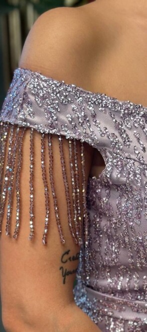 Lavender Beaded Straight Cut Glitter Long Evening Dress 7603 - 3