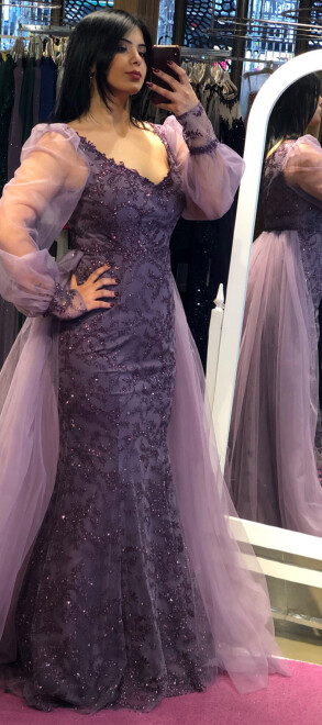 Lavender Long Sleeve Mermaid Skirt Lace Long Evening Dress 7279 - abiyeniall