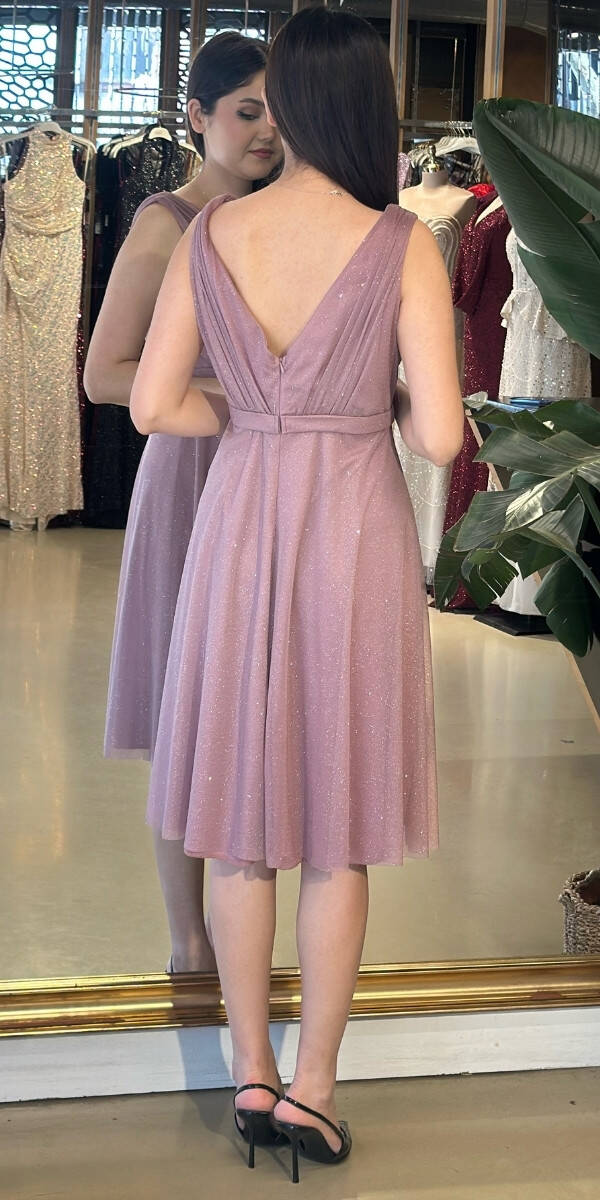 Lavender Thick Strap Flared Skirt Glitter Short Evening Dress 7119 - 2