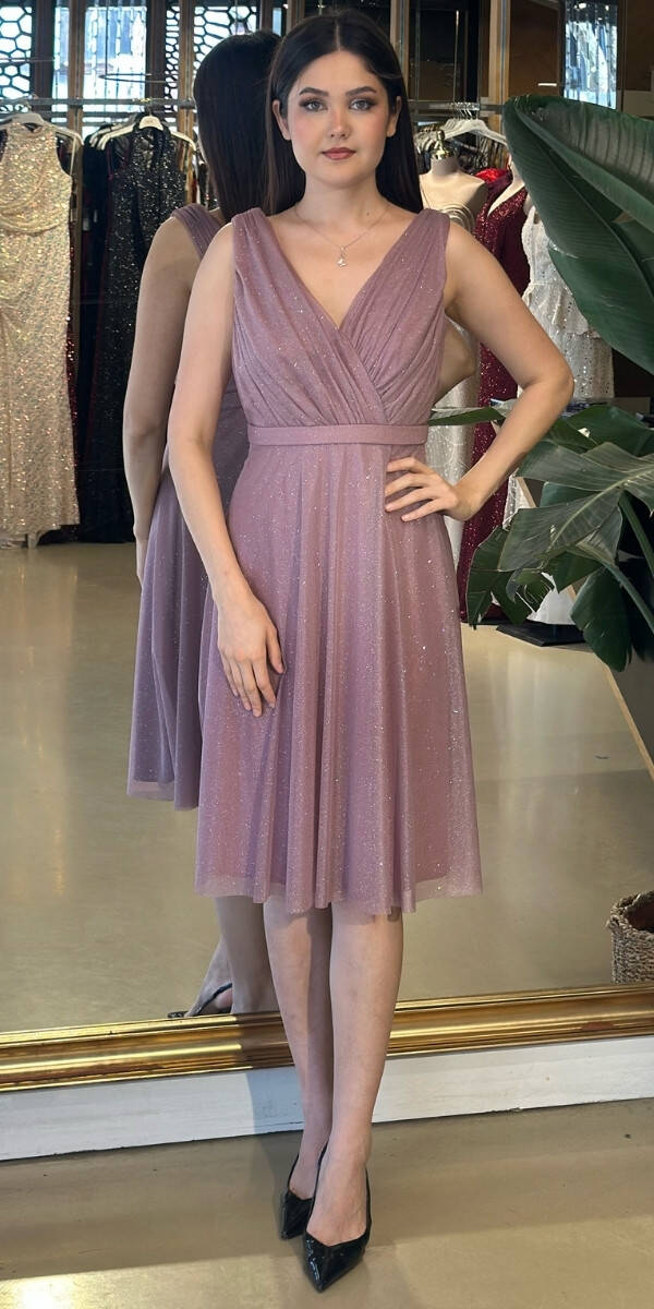 Lavender Thick Strap Flared Skirt Glitter Short Evening Dress 7119 - 1