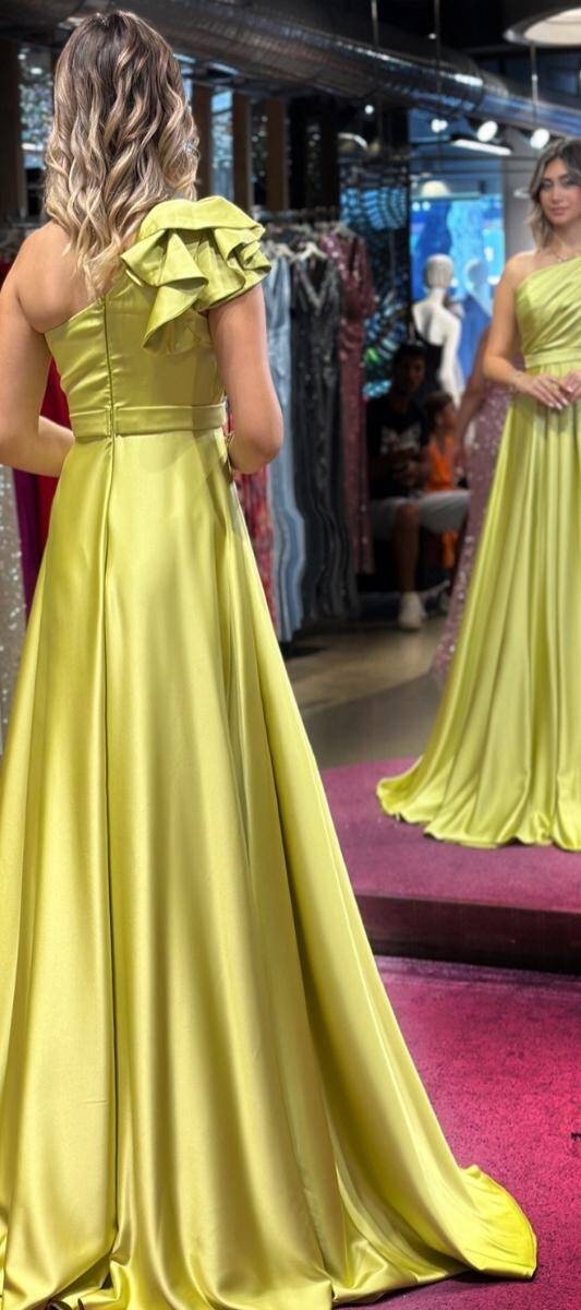 Light Green One Shoulder Flared Skirt Satin Long Evening Dress 7501 - 5
