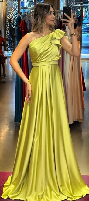Light Green One Shoulder Flared Skirt Satin Long Evening Dress 7501 