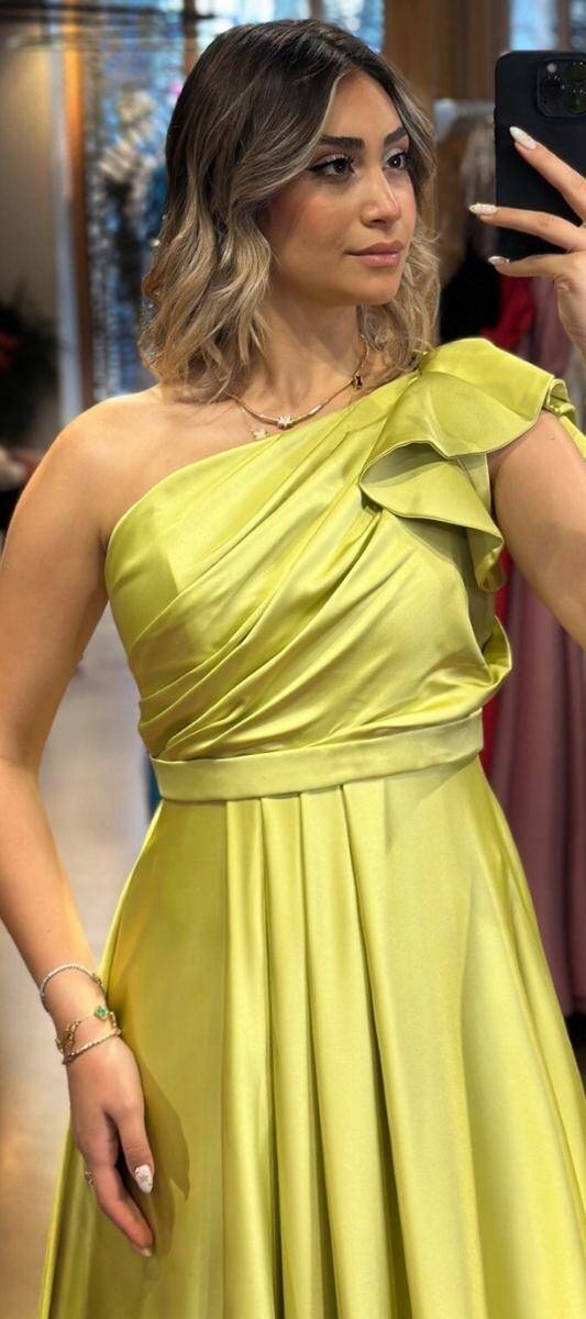 Light Green One Shoulder Flared Skirt Satin Long Evening Dress 7501 - 2