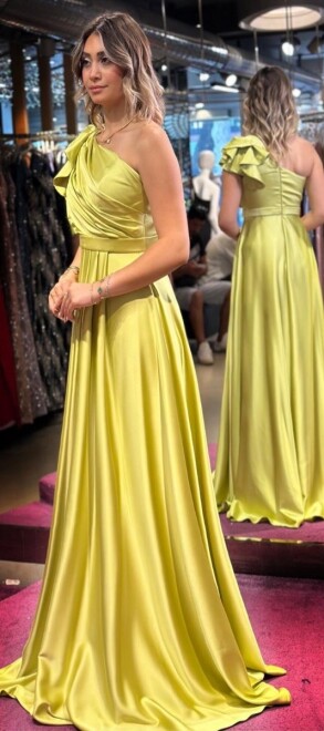 Light Green One Shoulder Flared Skirt Satin Long Evening Dress 7501 - 3