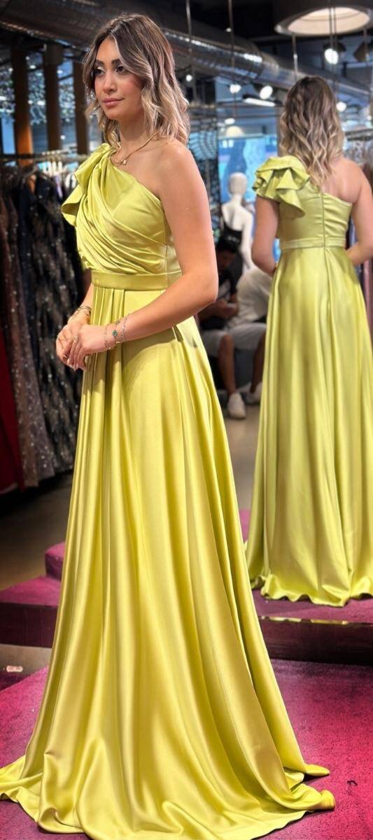Light Green One Shoulder Flared Skirt Satin Long Evening Dress 7501 - 3