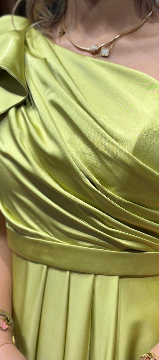 Light Green One Shoulder Flared Skirt Satin Long Evening Dress 7501 - 4