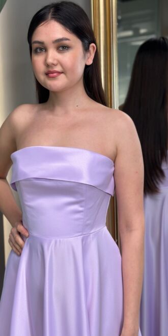 Lilac Flared Skirt Satin Midi Evening Dress 7647 - 2