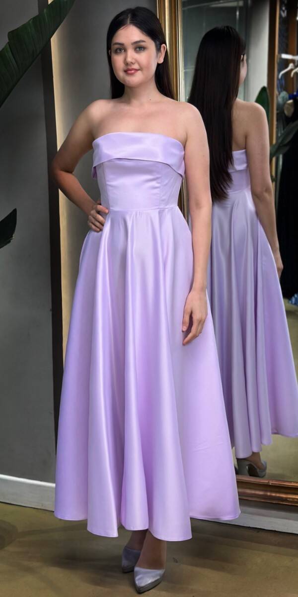 Lilac Flared Skirt Satin Midi Evening Dress 7647 - 1