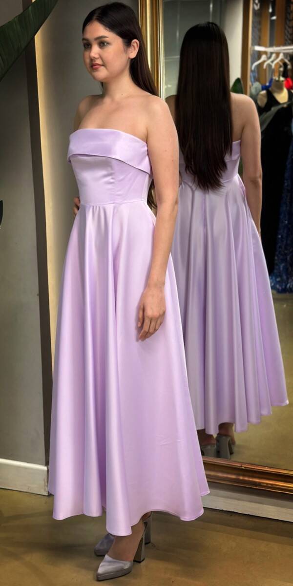 Lilac Flared Skirt Satin Midi Evening Dress 7647 - 3