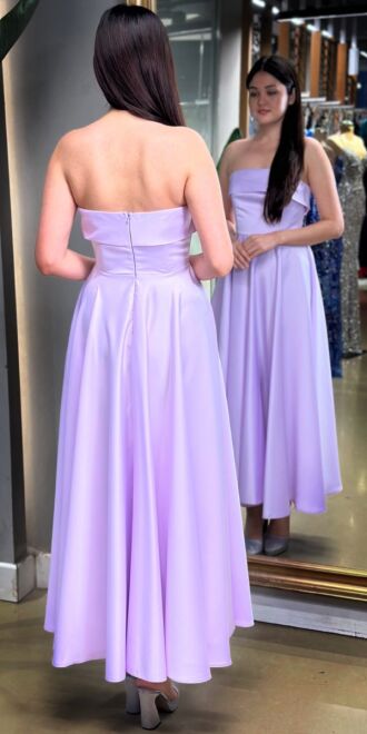 Lilac Flared Skirt Satin Midi Evening Dress 7647 - 5