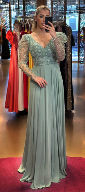 Mint Long Sleeve Flared Skirt Chiffon Long Evening Dress 7569 