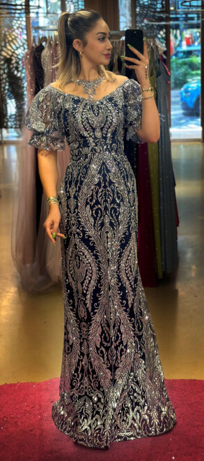 Navy Blue Balloon Sleeve Lace Detailed Straight Cut Glitter Long Evening Dress 7278 - abiyeniall