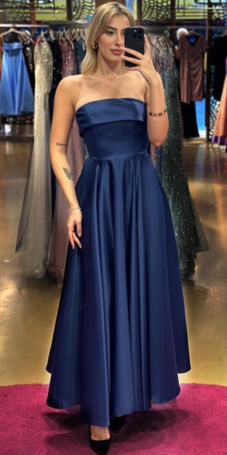 Navy Blue Flared Skirt Satin Midi Evening Dress 7647 - abiyeniall