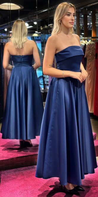 Navy Blue Flared Skirt Satin Midi Evening Dress 7647 - 3