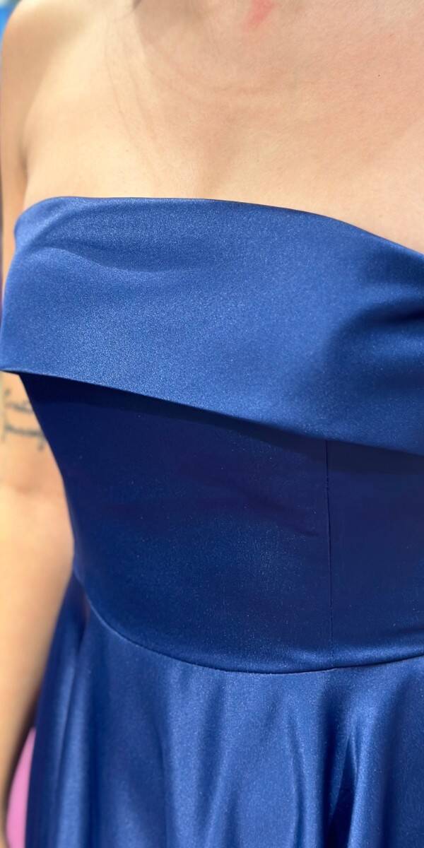 Navy Blue Flared Skirt Satin Midi Evening Dress 7647 - 4