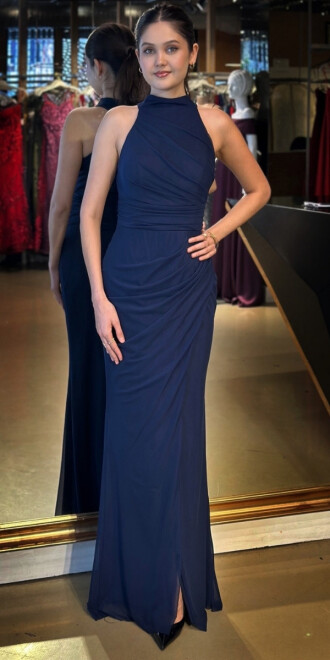 Navy Blue Halter Neck Slit Straight Cut Tulle Long Evening Dress 11084 - abiyeniall