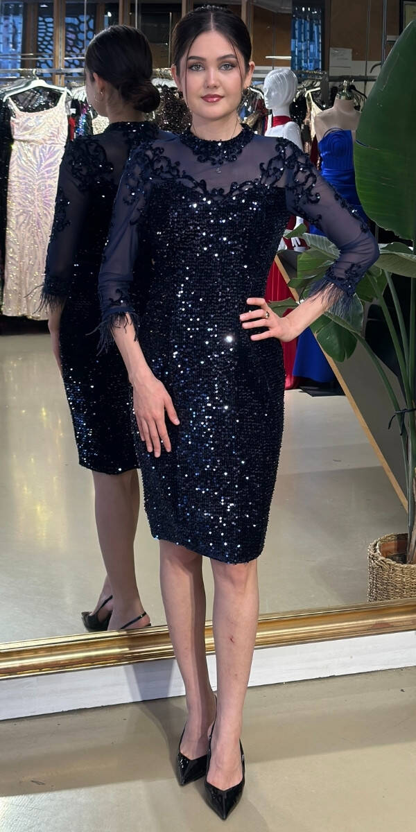 Navy Blue Long Sleeve Feather Detailed Velvet Sequin Short Evening Dress 7019 - 1