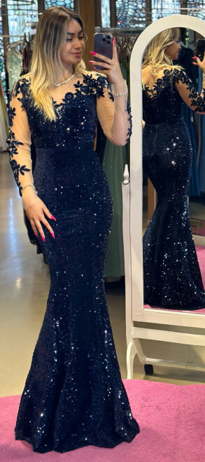 Navy Blue Long Sleeve Mermaid Skirt Sequin Long Evening Dress 7192 - abiyeniall