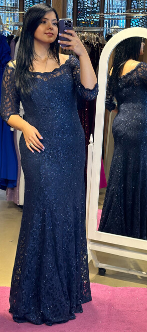 Navy Blue Short Sleeve Lace Detailed Straight Cut Glitter Fabric Long Evening Dress 6032 