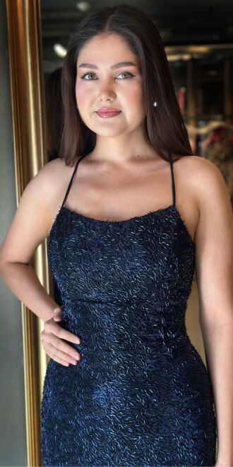 Navy Blue Spaghetti Strap Low-Cut Back Straight Cut Beaded Sequin Long Evening Dress 7698 - 2