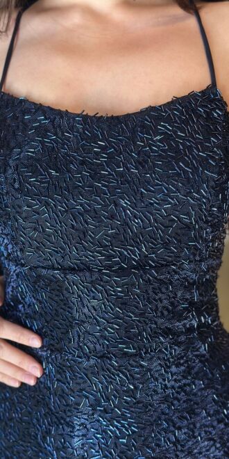 Navy Blue Spaghetti Strap Low-Cut Back Straight Cut Beaded Sequin Long Evening Dress 7698 - 4