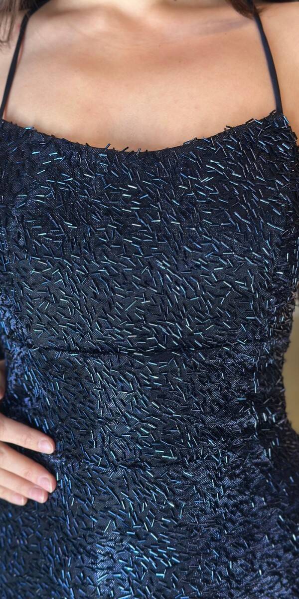 Navy Blue Spaghetti Strap Low-Cut Back Straight Cut Beaded Sequin Long Evening Dress 7698 - 4