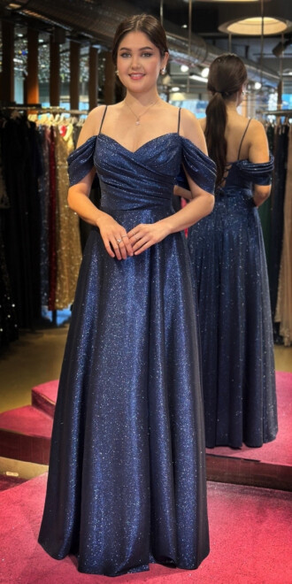 Navy Blue Spaghetti Strap Low-Cut Back Wrap Slit Flared Skirt Glitter Long Evening Dress 7633 - 1