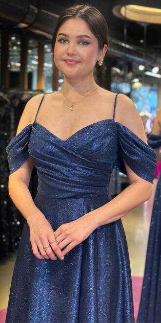 Navy Blue Spaghetti Strap Low-Cut Back Wrap Slit Flared Skirt Glitter Long Evening Dress 7633 - 2