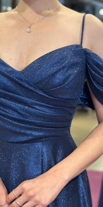 Navy Blue Spaghetti Strap Low-Cut Back Wrap Slit Flared Skirt Glitter Long Evening Dress 7633 - 3