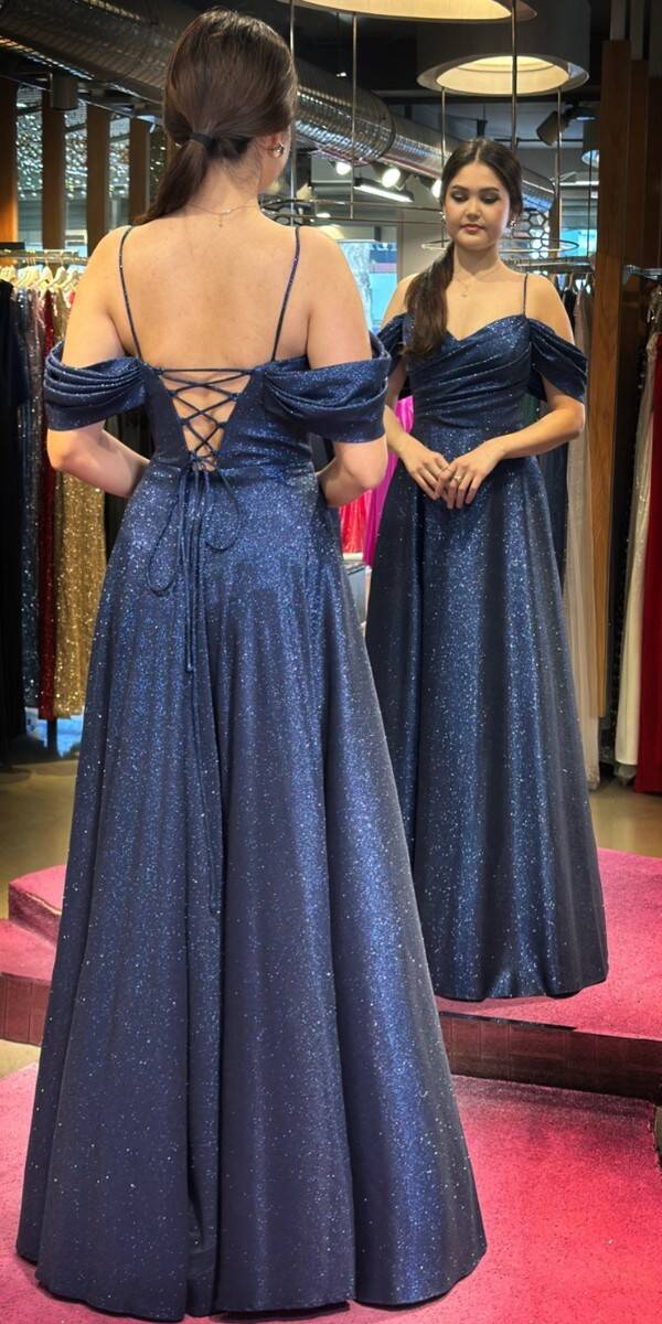 Navy Blue Spaghetti Strap Low-Cut Back Wrap Slit Flared Skirt Glitter Long Evening Dress 7633 - 4