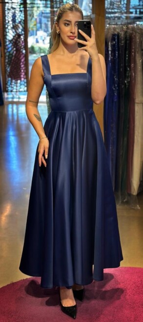 Navy Blue Thick Strap Flared Skirt Satin Midi Evening Dress 7631 - abiyeniall