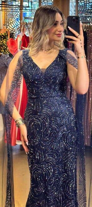 Navy Blue Thick Strap Straight Cut Glitter Long Evening Dress 7552 - 3