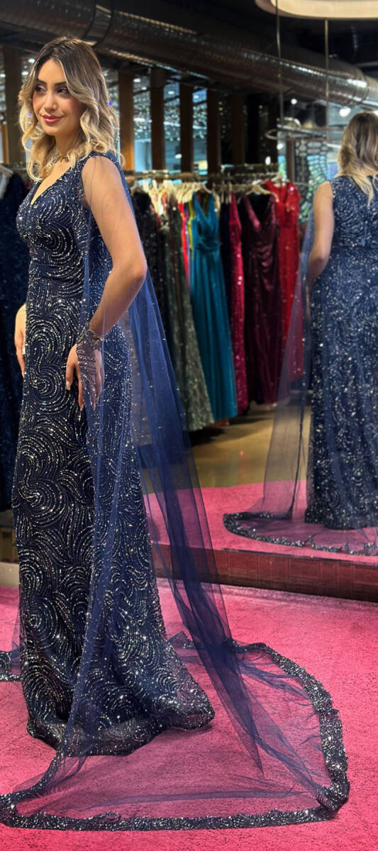 Navy Blue Thick Strap Straight Cut Glitter Long Evening Dress 7552 - 2