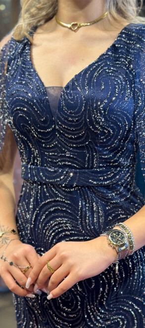 Navy Blue Thick Strap Straight Cut Glitter Long Evening Dress 7552 - 4