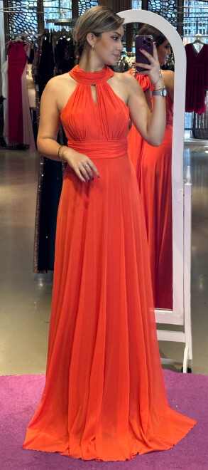 Orange Low-Cut Back Flared Skirt Tulle Long Evening Dress 6034 