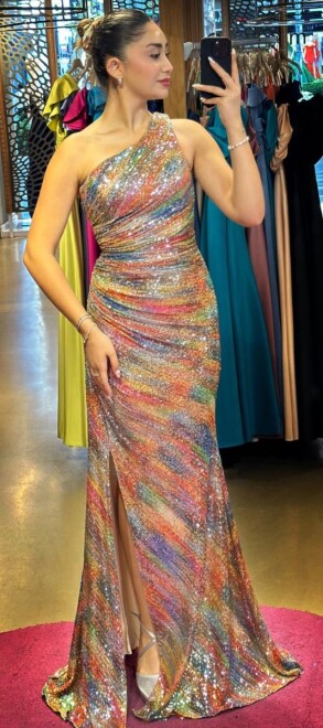 Orange One Shoulder Slit Straight Cut Patterned Long Evening Dress 7473 