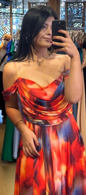 Orange Spaghetti Strap Low-Cut Back Flared Skirt Patterned Long Evening Dress 7592 - 2