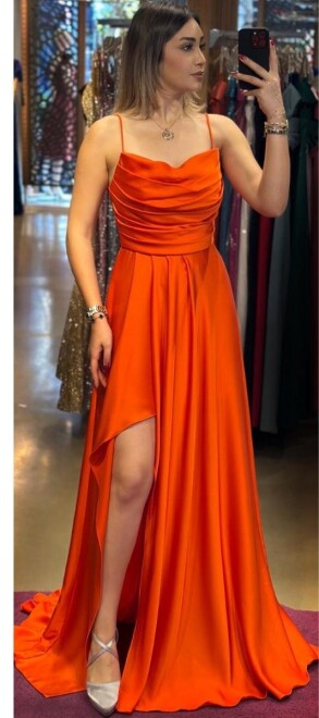 Orange Spaghetti Strap Slit Flared Skirt Satin Long Evening Dress 7234 - 1