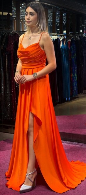 Orange Spaghetti Strap Slit Flared Skirt Satin Long Evening Dress 7234 - 3