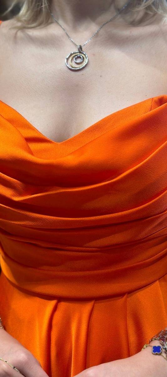 Orange Spaghetti Strap Slit Flared Skirt Satin Long Evening Dress 7234 - 4