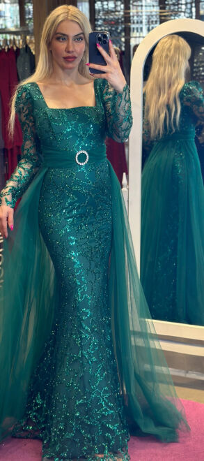 Petrol Blue Long Sleeve Straight Cut Glitter Long Evening Dress 7363 - abiyeniall