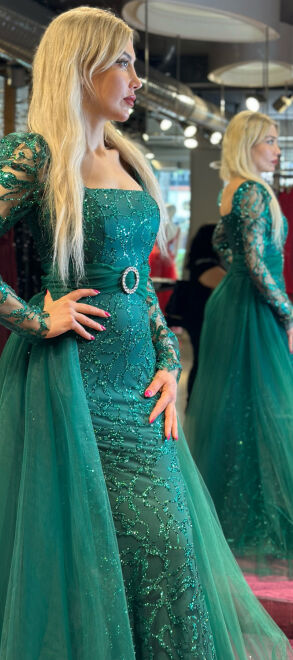 Petrol Blue Long Sleeve Straight Cut Glitter Long Evening Dress 7363 - 3