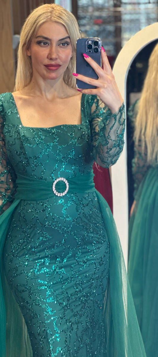 Petrol Blue Long Sleeve Straight Cut Glitter Long Evening Dress 7363 - 2