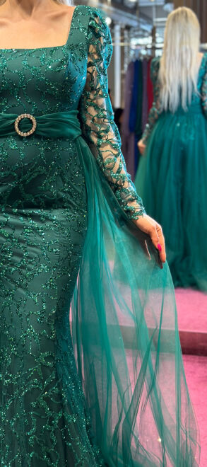 Petrol Blue Long Sleeve Straight Cut Glitter Long Evening Dress 7363 - 4