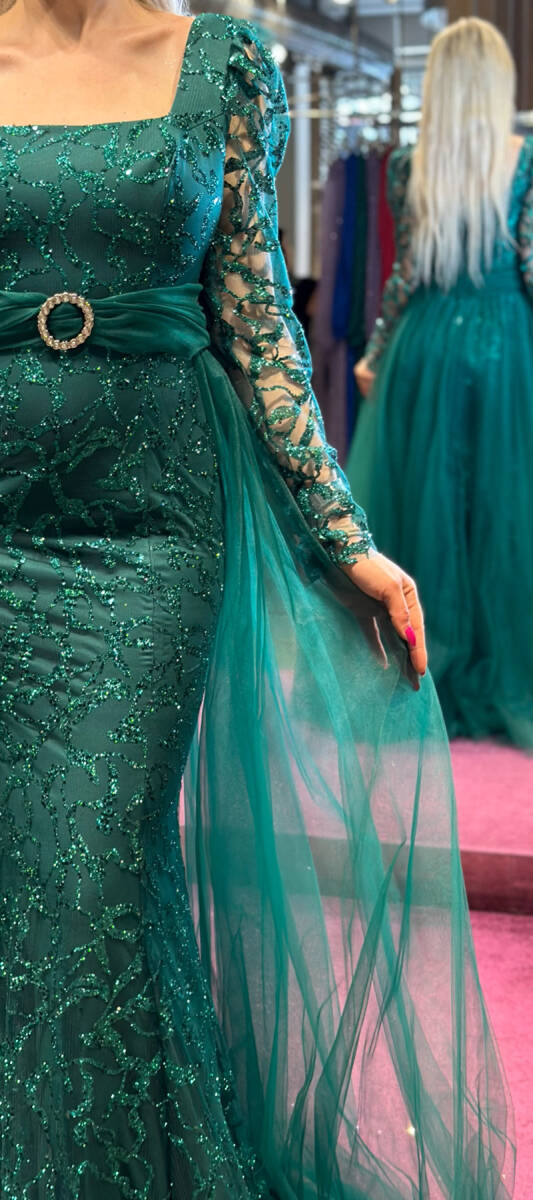 Petrol Blue Long Sleeve Straight Cut Glitter Long Evening Dress 7363 - 4